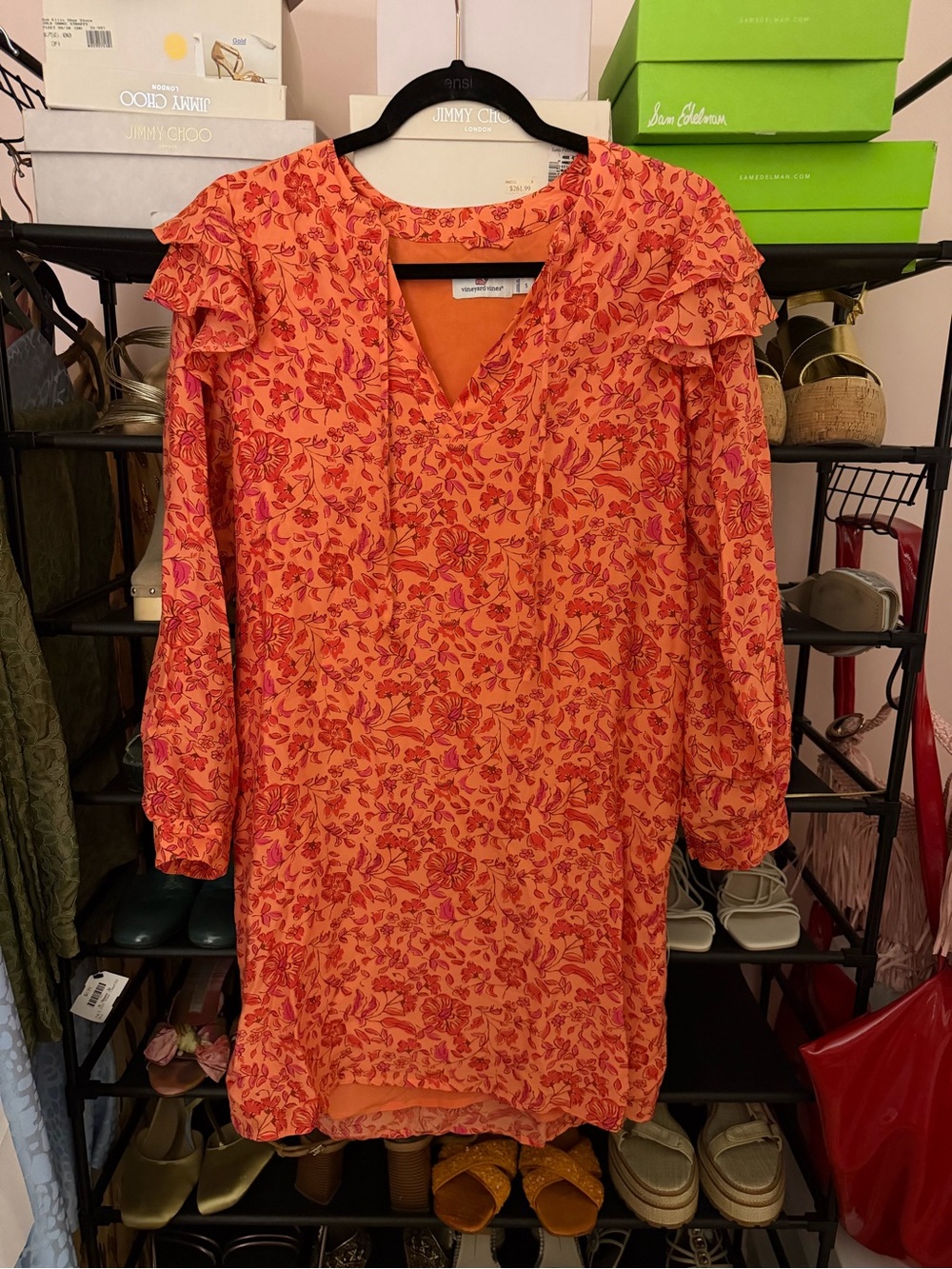 Vineyard Vines Orange Floral Ruffle-Shoulder Tunic Dress